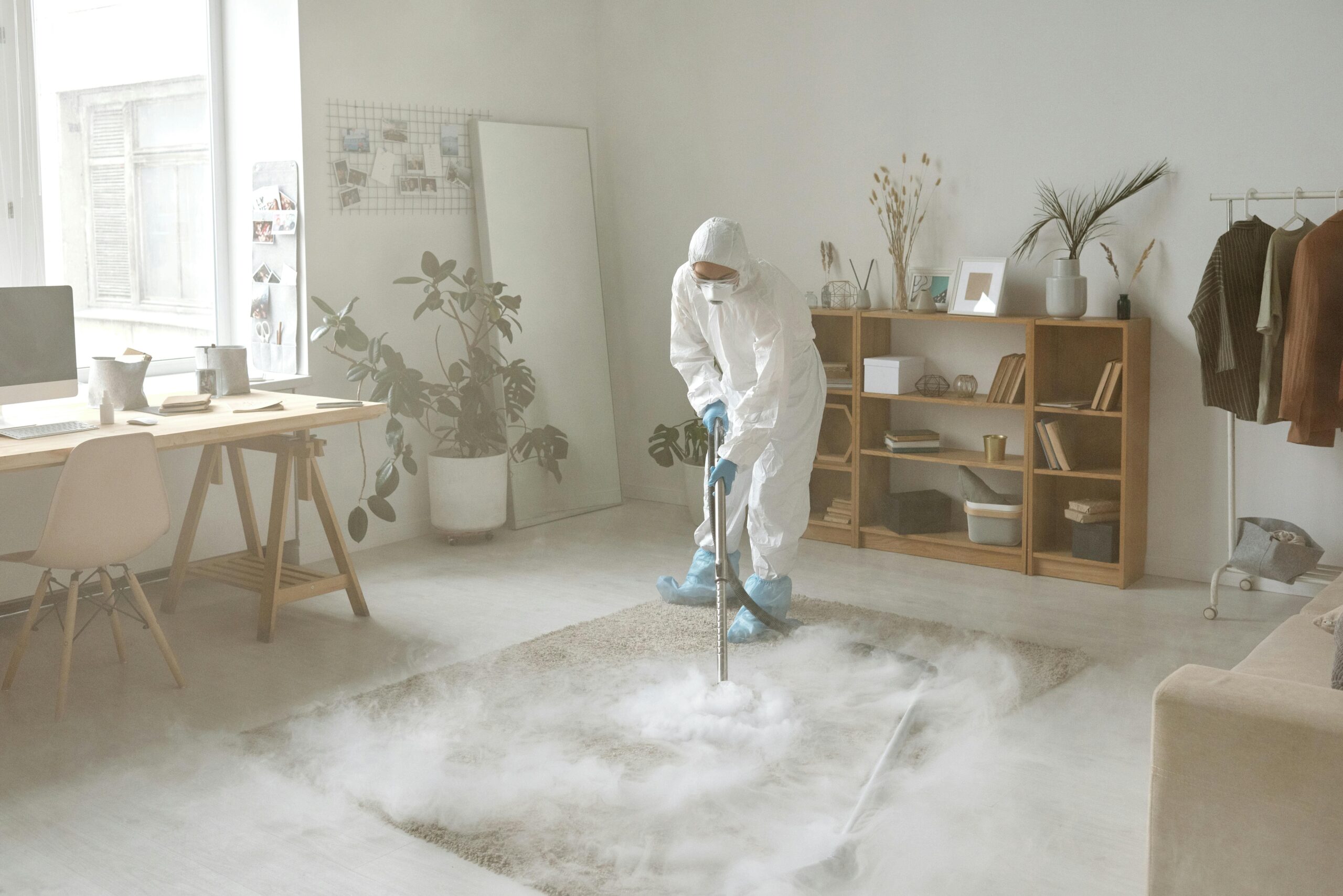 A guy wearing white overall doing house fumigation