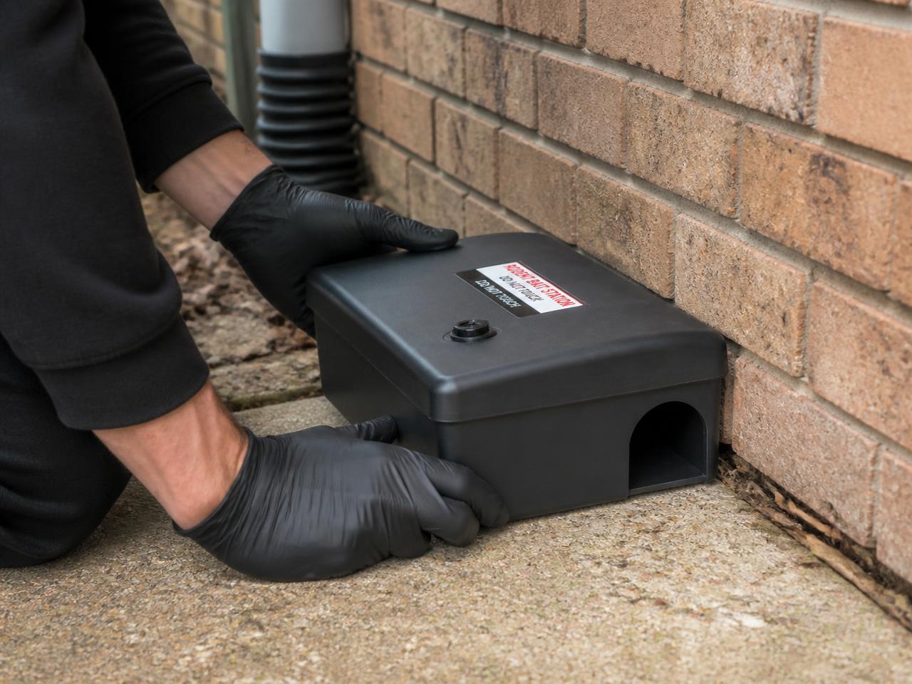 Technician placing a lockable rodent bait station along an exterior wall