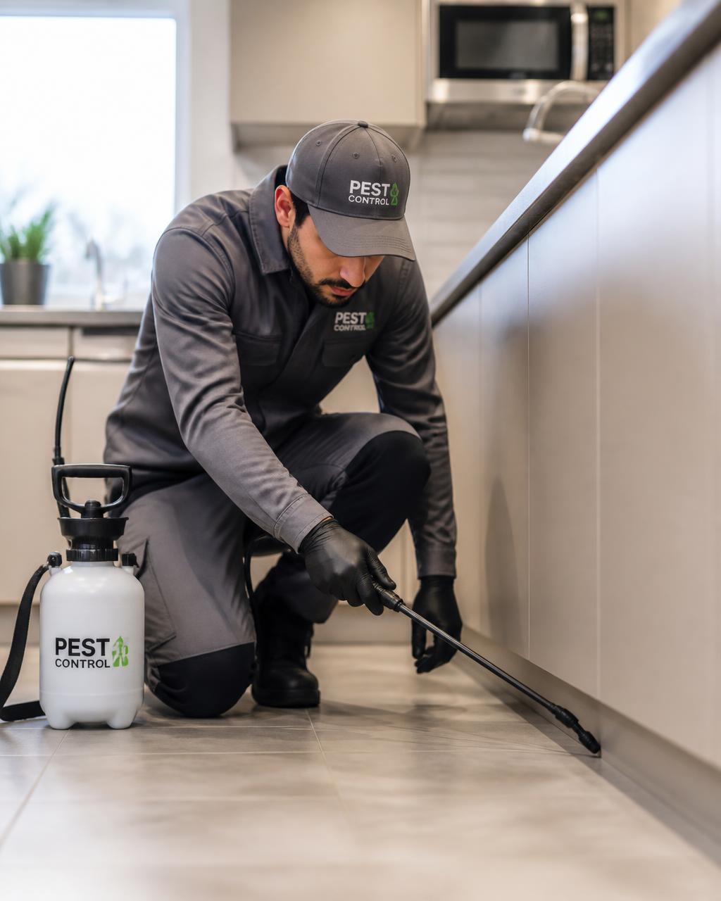 Pest control technician spraying a kitchen skirting board with a hand sprayer