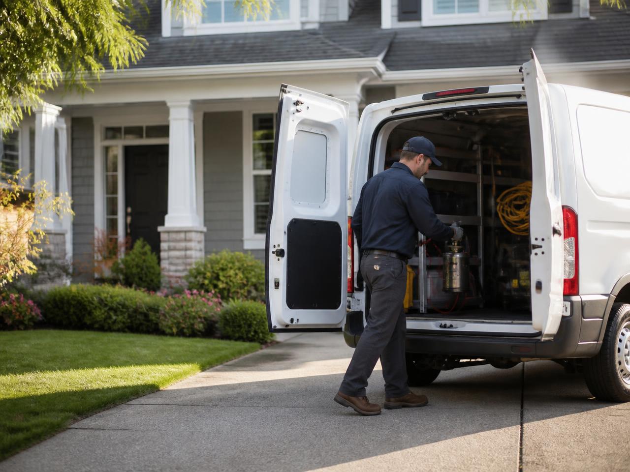 Pest control van arriving at a suburban home for a service call